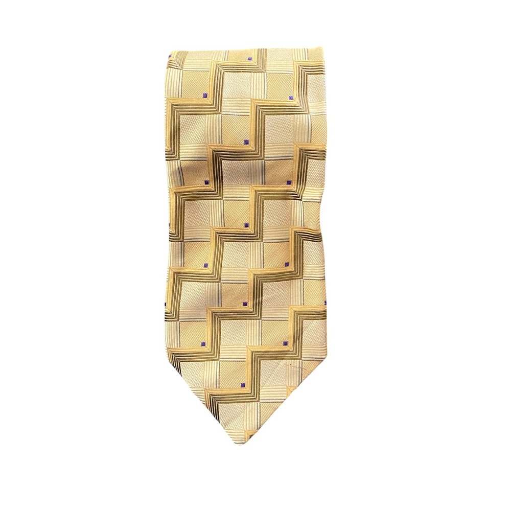 Kolte Italy‎ Mens Silk Necktie Gold Geometric Zigzag Jacquard Woven